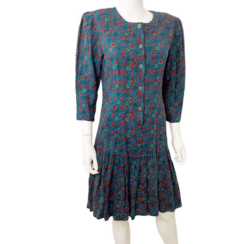 Vintage 1980s Ivy Blue Pleated Dropwaist Floral Shift Dress, 10